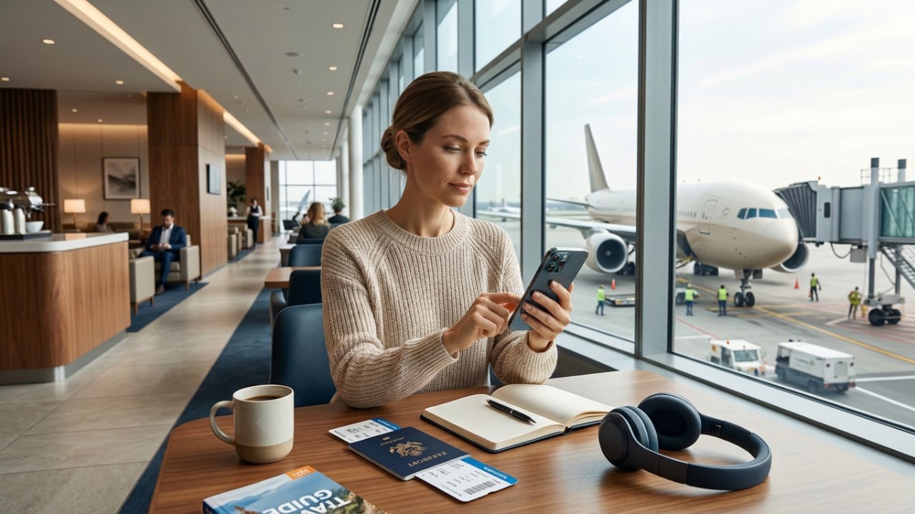 Traveler using the SoundLocal language learning app in an airport lounge before a flight, preparing for natural conversations abroad with a passport, boarding pass, notebook, coffee, and airplane visible through the window.