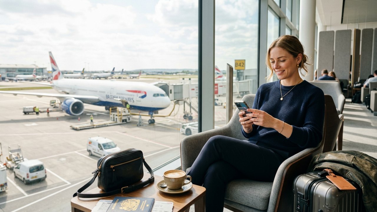 Traveler relaxing in an airport lounge before a flight, using the SoundLocal app on a smartphone to prepare for natural conversations while traveling, with luggage, passport, coffee, and an airplane visible through the window.