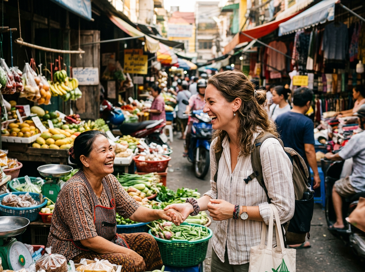 Tourist having a friendly and comfortable conversation with a local