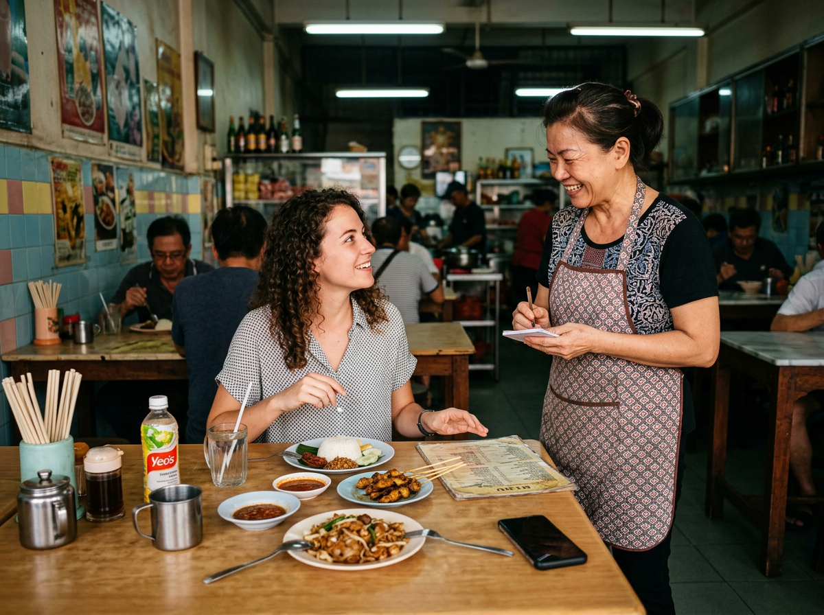 Tourist ordering confidently at an asian restaurant