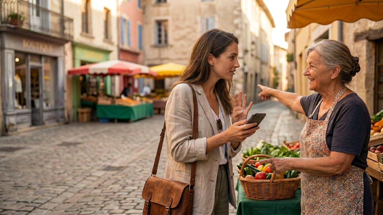 Traveler using the SoundLocal app to communicate with a friendly local vendor at a European street market, learning natural expressions for authentic travel conversations and local recommendations.